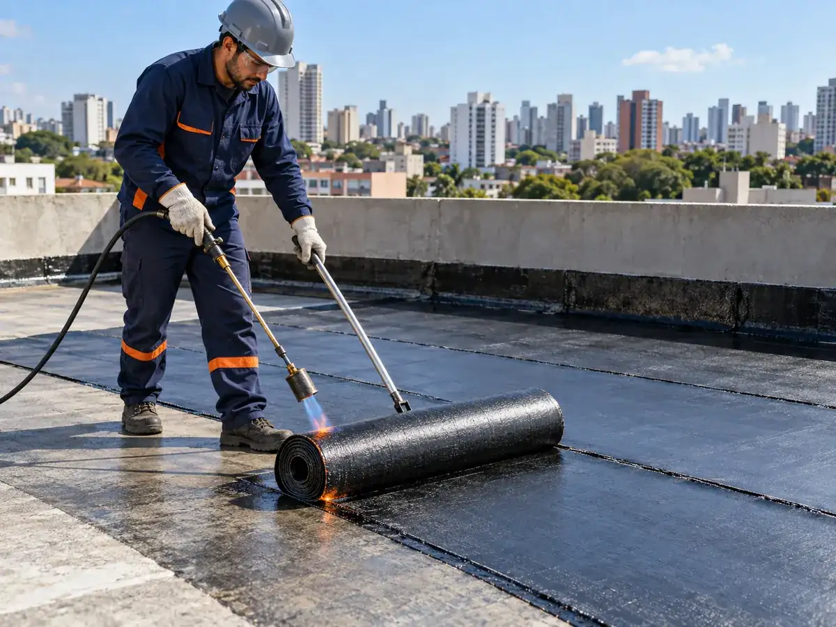Aplicação de manta asfáltica com maçarico em laje