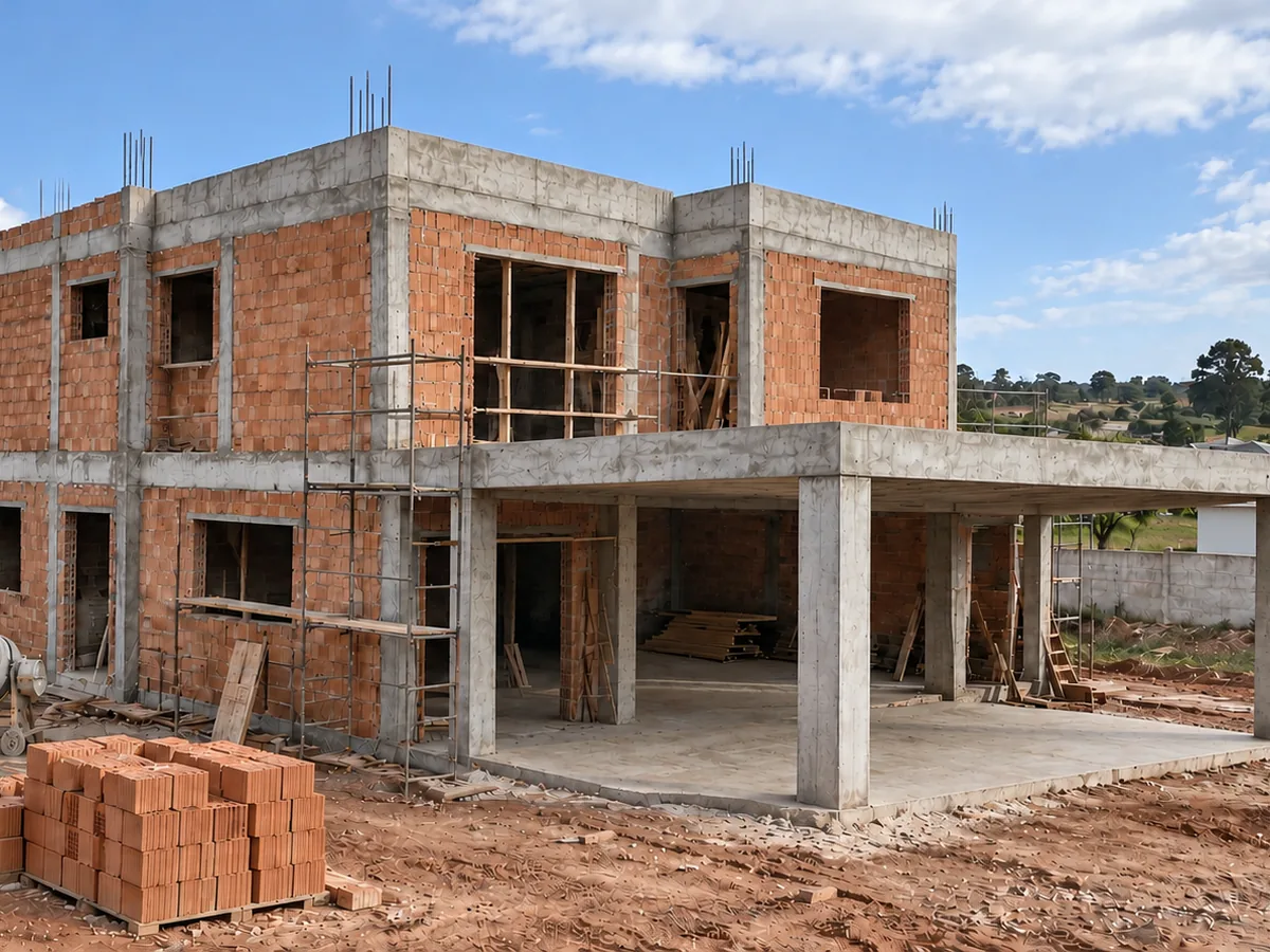 Casa em construção com estrutura de concreto armado e alvenaria