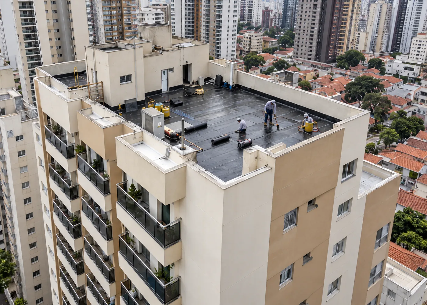 Cobertura de prédio sendo impermeabilizada