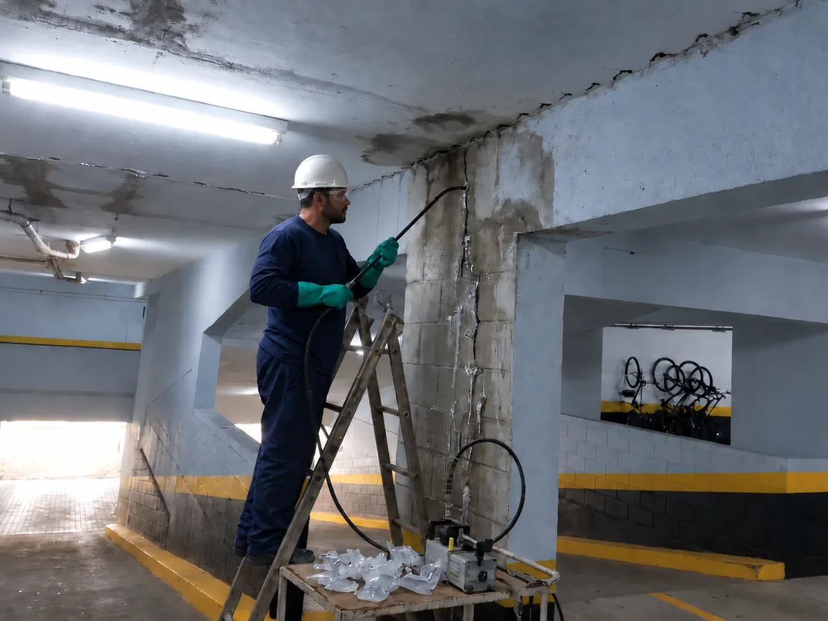 Injeção em trinca de pilar no subsolo de uma garagem